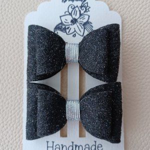 Hair bows for girls, glitter felt, 2 sets black and gold, black and silver 2.75